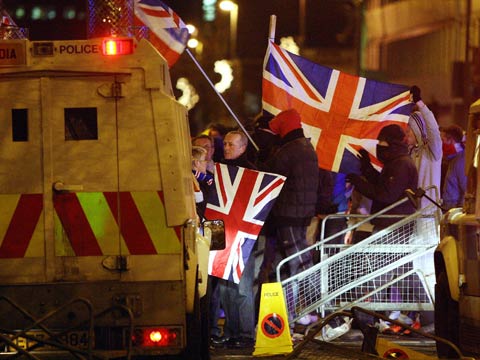 Rioting outside City Hall in Belfast